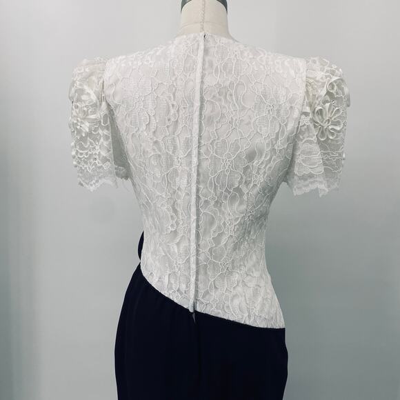 Vintage 80s Lace Bodice Cocktail Dress Embellished Bow Puff Sleeve White Navy 6 - Picture 6 of 9